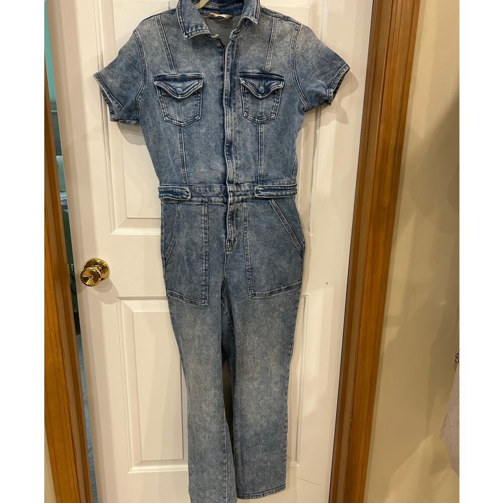 Utility inspired style coverall denim jumpsuit front zipper